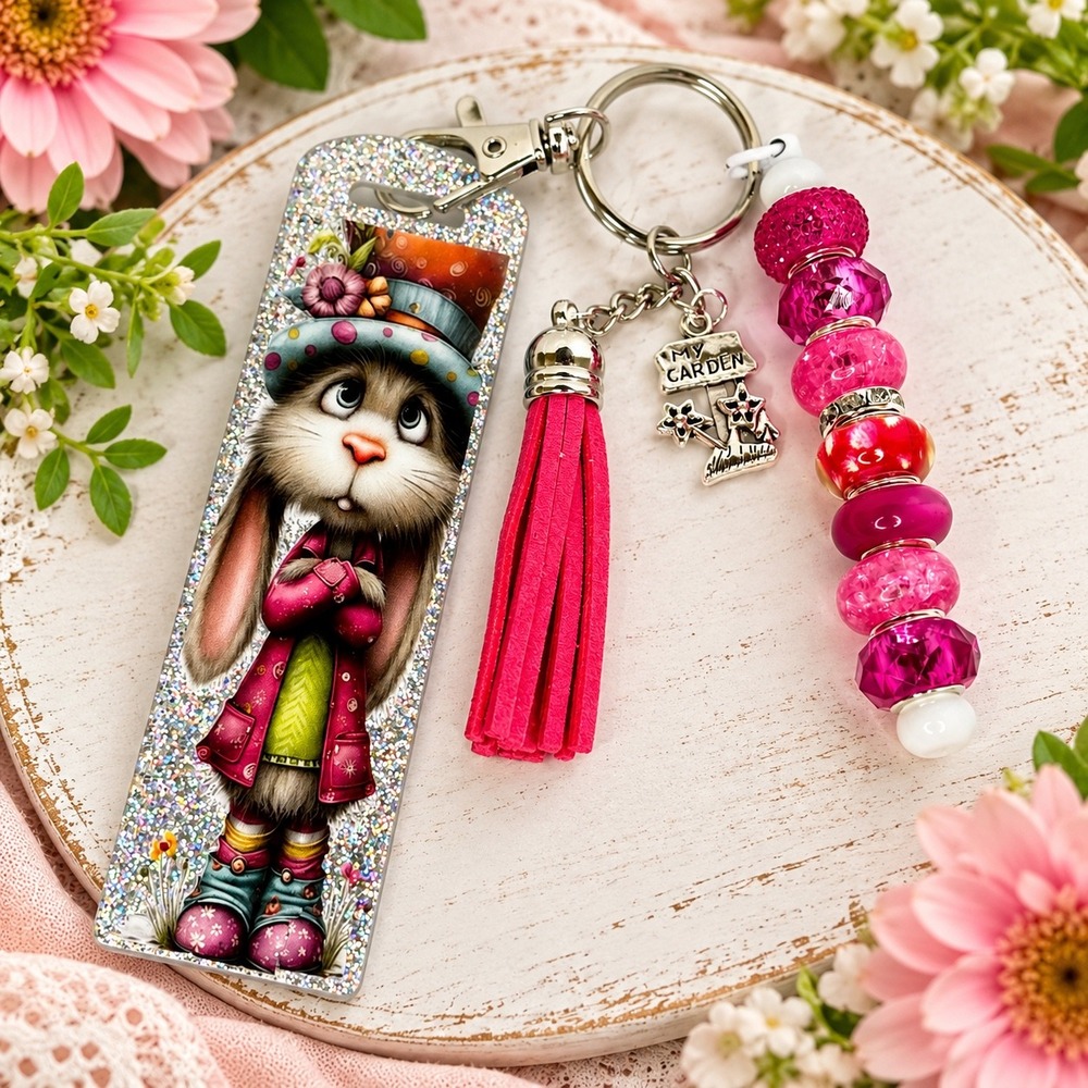 Bunny Rabbit Acrylic Keychain Glitter Charm Pink Tassel My Garden Bead 10
